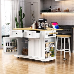 Kitchen Island with Drop Leaf and Wheels, Kitchen Storage Cart with Drawers and Storage Rack, Rolling Kitchen Island with Power Outlet - 1 of 4