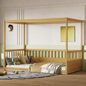 1pc Twin Canopy Floor Bed, Solid Wood Montessori Frame, With Guardrails for Kids Bedroom Safety - Baofuwish - 1 of 4