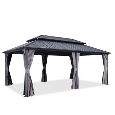 PURPLE LEAF Permanent Hardtop Gazebo Aluminum Frame Gazebo with Galvanized Steel Double Roof, UV-Resistant, Netting & Curtains included - Grey
