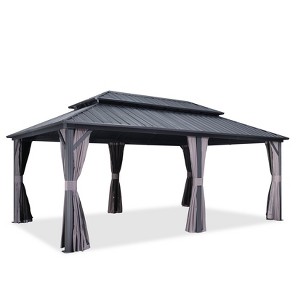 PURPLE LEAF Permanent Hardtop Gazebo Aluminum Frame Gazebo with Galvanized Steel Double Roof, UV-Resistant, Netting & Curtains included - Grey - 1 of 4