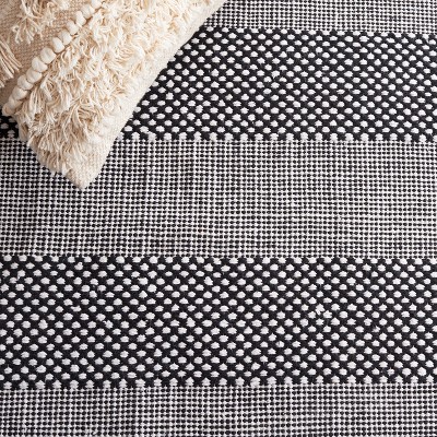 Black and Ivory Striped Flat Woven Wool Cotton 8' x 10' Rug