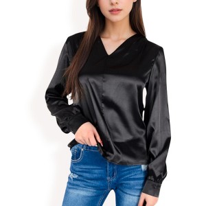 Anna-Kaci Women's Satin V-Neck Blouse with Long Sleeves - 1 of 4