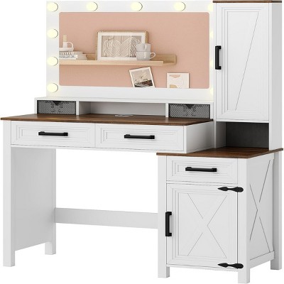 GlasFlength Vanity Tables Farmhouse Vanity with Mirror Hidden Jewelry Cabinet Elegant Design for Living Room, White, 43.3"*15.75"*53.07"