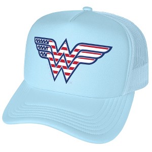 Wonder Woman Usa American Flag Logo Foam Trucker Cap Light Blue - 1 of 4