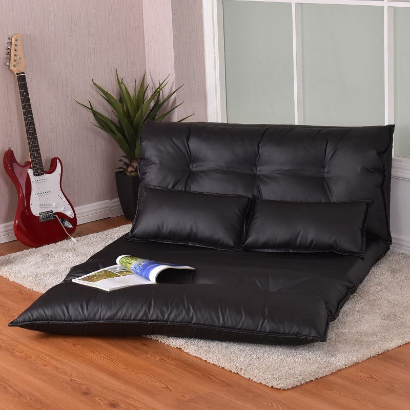 Costway PU Leather Foldable Modern Leisure Floor Sofa Bed Video Gaming 2 Pillows Black, 1 of 8