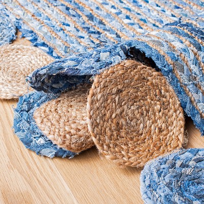 Handmade Blue Cotton Geometric Flat Woven Square Rug
