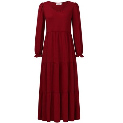 Boho Maxi Dress, Swing Shift Dress Women Tiered Midi High Waist V Neck Ruffle Puff Sleeve Casual Loose Flowy Swing