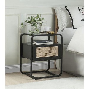 ORRD Modern Accent Table with Drawer, Black End Table with Tempered Glass Top & Rattan Shelf, Curved Metal Frame for Living Room - 1 of 4
