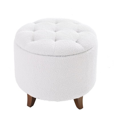 GlasFlength Ottomans and Benches Round Plush Storage Ottoman with Wooden Legs Simple Design for Cozy Living Spaces, White, 21.65"*21.65"*14.37"