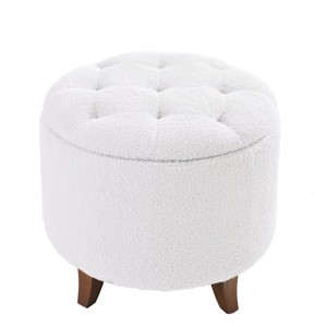 GlasFlength Ottomans and Benches Round Plush Storage Ottoman with Wooden Legs Simple Design for Cozy Living Spaces, White, 21.65"*21.65"*14.37" - 1 of 4