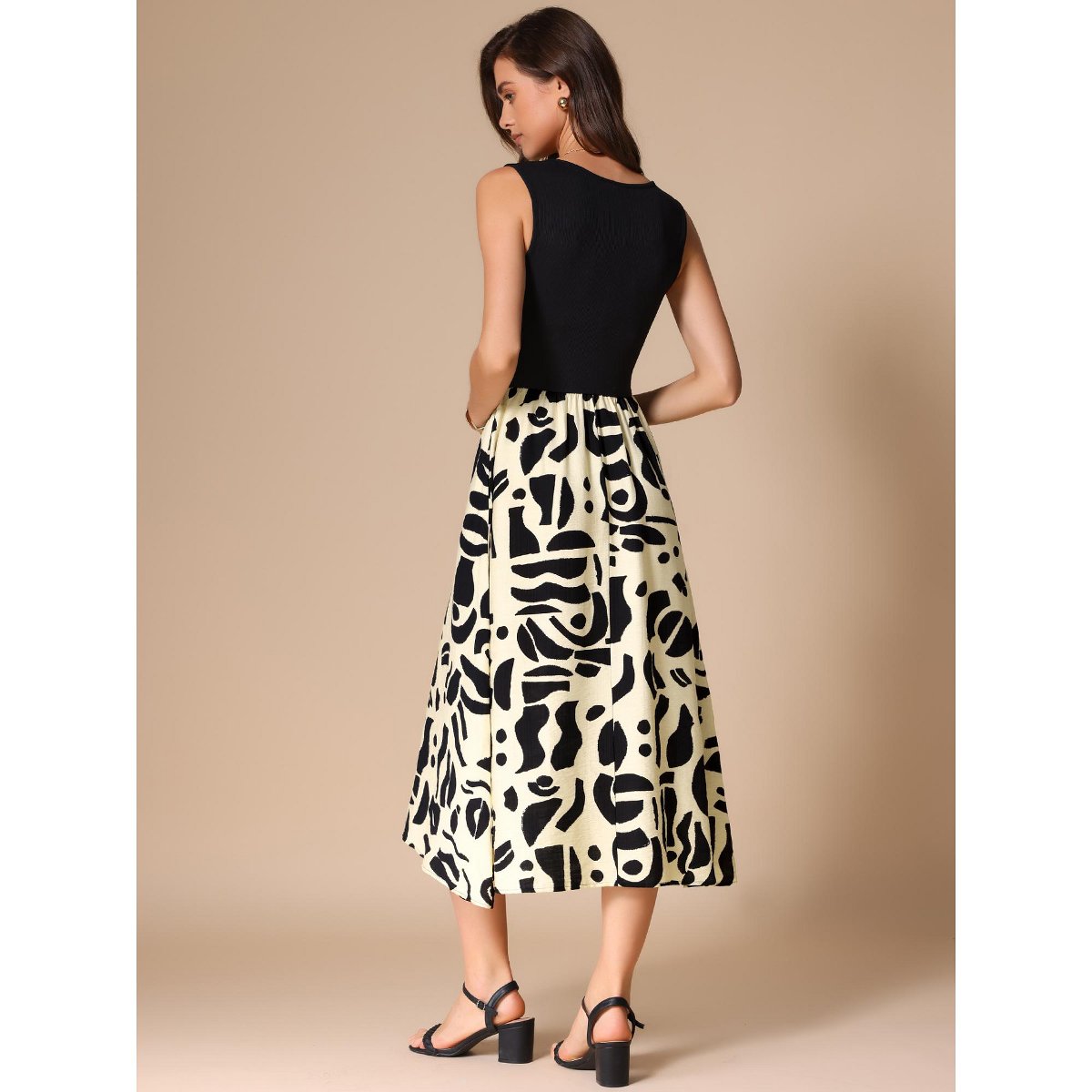 Женские платья INSPIRE CHIC Women's Summer Sleeveless Pattern Splicing Round Neck Midi Dress Black Beige X-Small 2 Packs Black Beige/Black Beige X-Small — фото 3