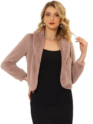 INSPIRE CHIC Women's Cropped Lapel Long Sleeve Fluffy Faux Fur Jackets