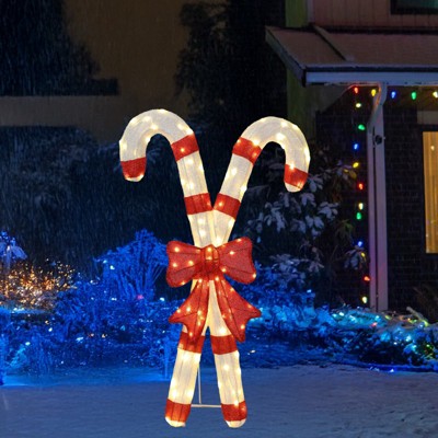Angel Sar Lighted Candy Cane & Bow Christmas Decoration, 100 LED Pre-lit 2D Holiday Decor with Red Bowknot, Outdoor Indoor Display