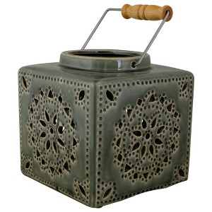 Northlight 6.75" Dark Olive Green Square Crackle Finish Mosaic Cut Out Candle Lantern - 1 of 4