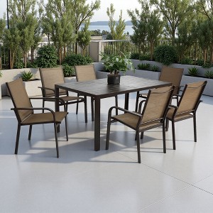 7-Piece Outdoor Patio Steel Dining Set with 59" Rectangular Table and 6 Textilene Stackable Chairs - 1 of 4