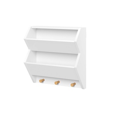 White MDF Floating Wall Shelf with Wooden Hooks