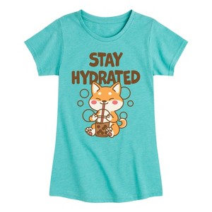 Girls' - Instant Message - Kawaii Shiba Inu Dog with Bubble Tea Fitted Short Sleeve Graphic T-Shirt - 1 of 4