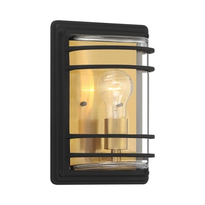 Modern Industrial Black Steel Outdoor Wall Light with Brass Accents