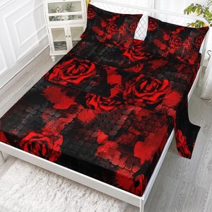 Hachikiko Queen Red Rose Sheet Set - 4PC Gothic Floral Bedding with Fitted Sheet & Pillowcases - 1 of 4