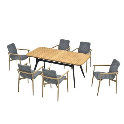 Planked Wood & Textured Weave 6Piece Outdoor Dining Set Metal Frame Table & Angled Stool Seats for Backyard