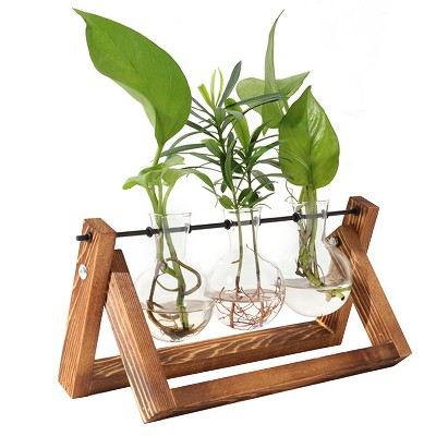 iMountek"Glass Bulb Plant Terrarium with Wooden Stand & Metal Swivel for Hydroponics - Desktop Vase"Wood