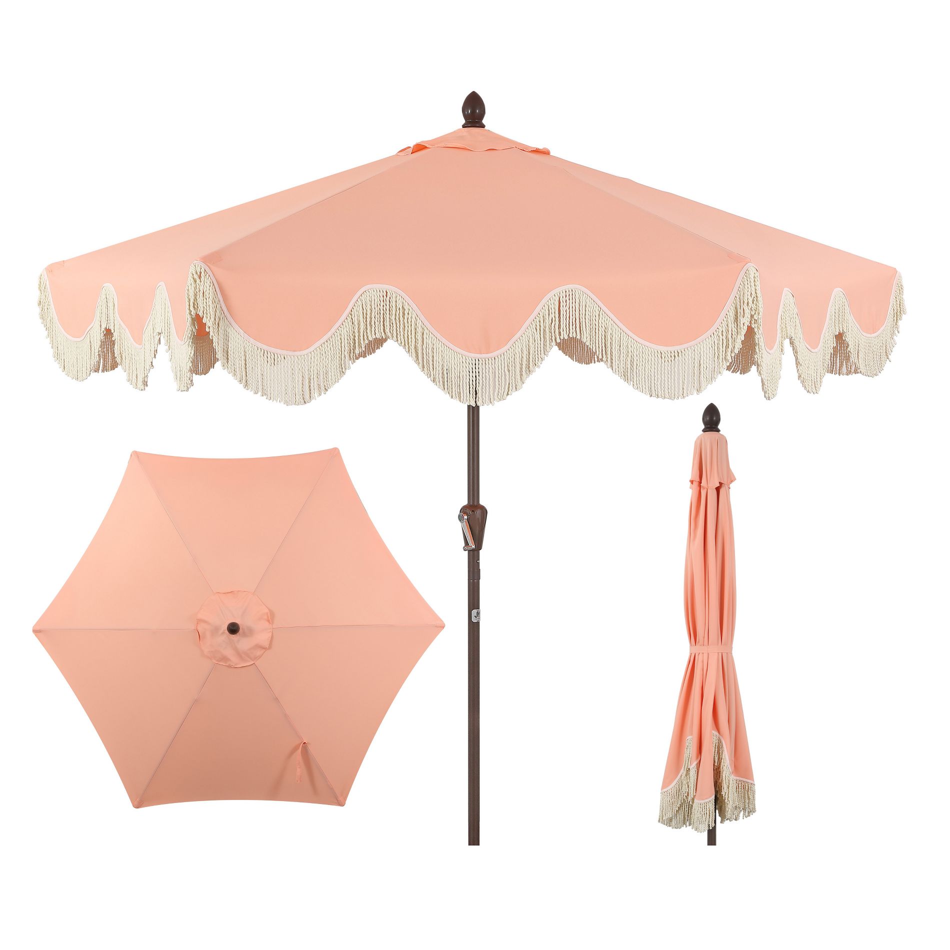 JONATHAN Y Collins 9 ft. Classic Cottage Tassel Market Patio Umbrella with Auto-Tilt, Crank, Wind Vent and UV Protection in Coral Pink/Cream