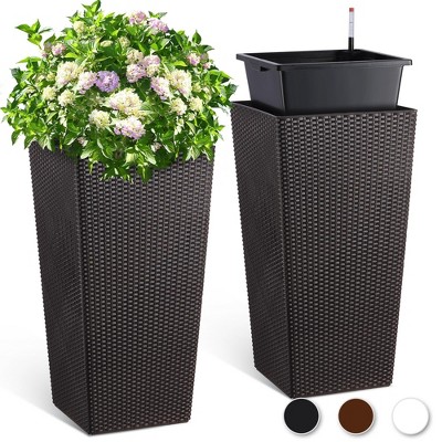 30 Inch Tall Planter Set of 2 Large Rattan Planters with Trays, Water Level Monitor & Wheels for Indoor/Outdoor Use