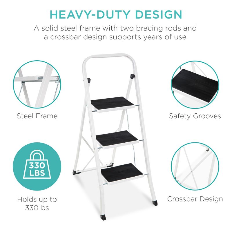 Best Choice Products 3 Step Ladder Folding Lightweight Step Stool for Home w/ Non-Slip Feet, Padded Steps, 330lb White, 3 of 7