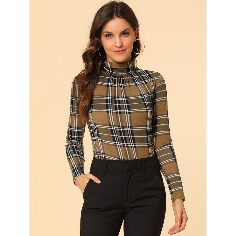Allegra K Women's Long Sleeve Pleated Front Turtleneck Stretch Slim Plaid Blouse, 4 of 8