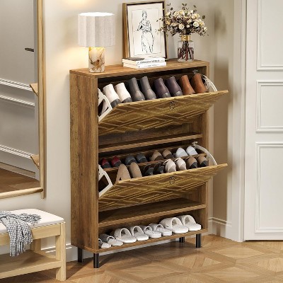Tribesigns Shoe Cabinet with 2 Flip Drawers, 31.5" Narrow Hidden Shoe Storage Cabinet, Cabinet Organizer for Entryway Hallway, Walnut