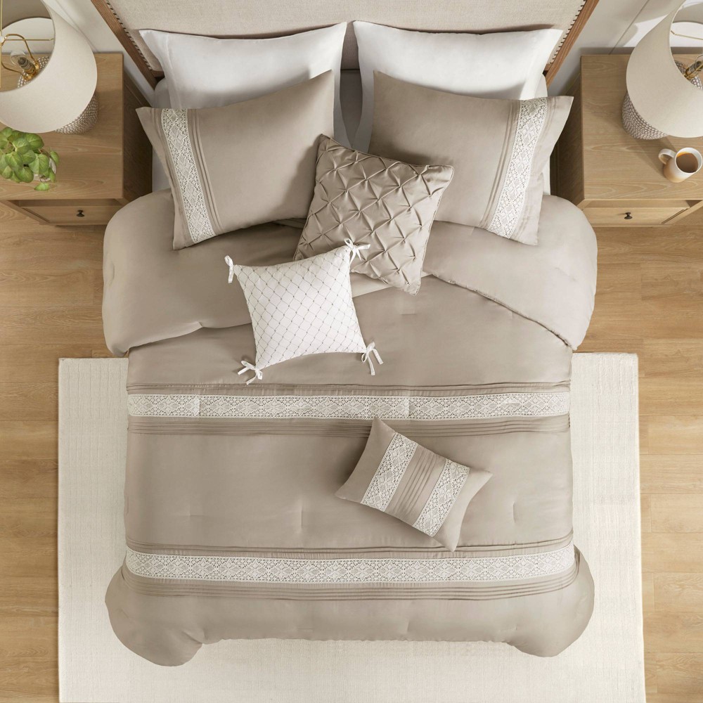 Photos - Bed Linen 7pc King Arliss Lace Trim Comforter Set with Throw Pillows Taupe - Madison