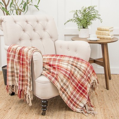 Samuel Autumn Plaid Cotton Throw Blanket with Fringe Tassels