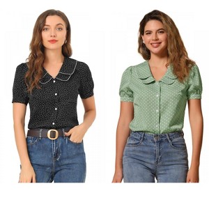 INSPIRE CHIC Women's Vintage Polka Dots Peter Pan Collar Puff Short Sleeve Shirt 2 Packs - 1 of 4