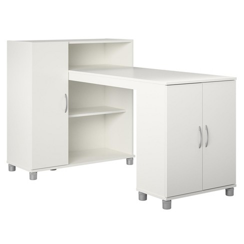 Costway White Folding Sewing Craft Table with Storage Shelves Cabinet  Lockable Wheels 