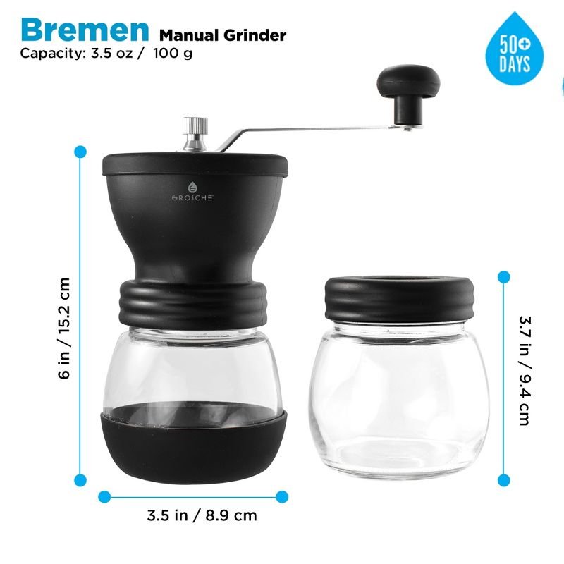 GROSCHE BREMEN Manual Ceramic Conical Burr Coffee Grinder, Spice & Coffee Grinder with Glass Storage Jar, 5 of 14