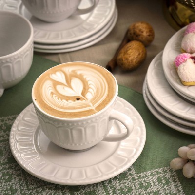 White Ceramic Modern Coffee Mug and Saucer Set, 6-Piece