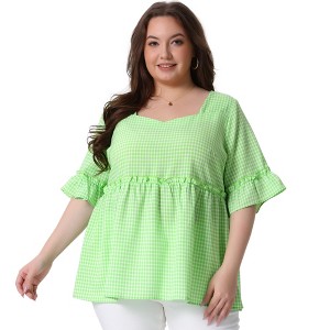 Women's Plus Size Plaid Peplum Sweetheart Neck Ruffle Sleeve Babydoll Blouses - Agnes Orinda - 1 of 4