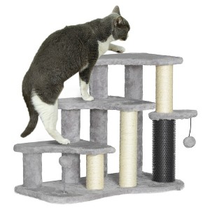 PawHut 20" Cat Tree, 2 in 1 Cat Tower 3-Step Pet Stairs with Scratching Posts, Tickling Post, Toy Balls, for High Beds, Couch, Sofa, Light Gray - 1 of 4