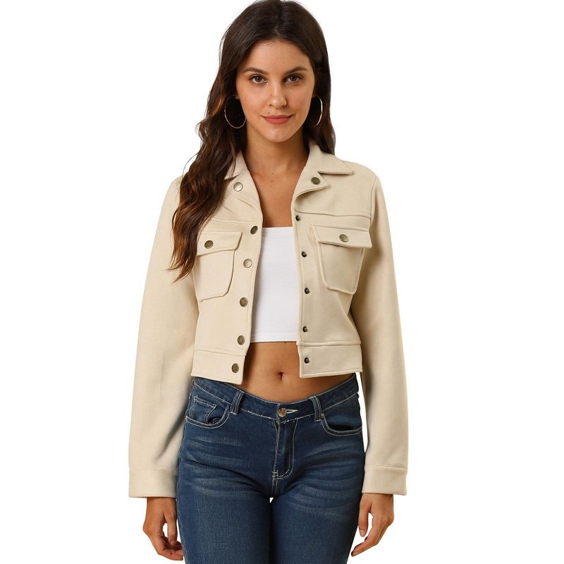 Allegra K Women's Casual Faux Suede Notched Collar Button Up Cropped Jacket with Pockets, 1 of 7