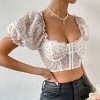 Women's Bubble Short Sleeve Off Shoulder Square Neck Cute Front Button Lace Up Vest Cardigan - 3 of 4