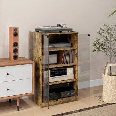 Rustic Brown 5-Tier Media Stand Cabinet with Glass Doors