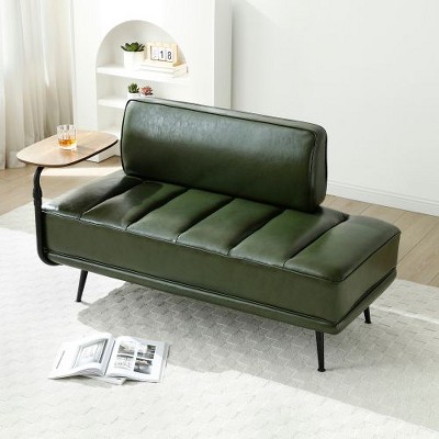CAVINAS Modern Faux Leather Upholstered Single Sofa with Side Table, 360-degree Swivel Tray Couch for Living Room, Accent Sofa for Bedroom