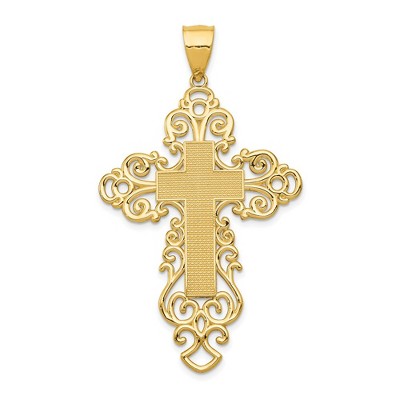 Black Bow Jewelry 14k Yellow Gold Large Fancy Filigree Bordered Cross Pendant, 31 x 52mm