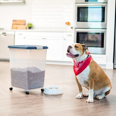 Blue 69 Quart Airtight Plastic Pet Food Storage Container with Casters
