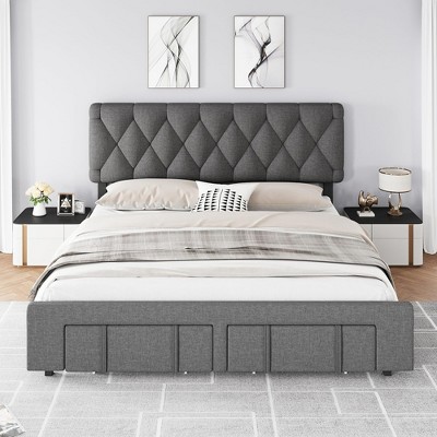 homfan Bed Frame, Upholstered Platform Bed Frame with Storage Drawers, Mattress Foundation with Solid Wooden Slats Support, No Box Spring Needed