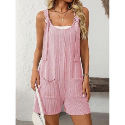 Womens Summer Casual Short Romper Scoop Neck Sleeveless Striped Overalls Shorts Jumpsuit with Pockets