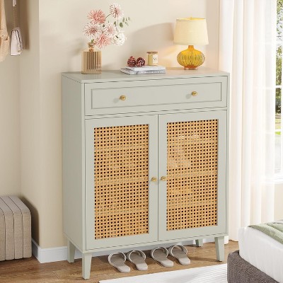 Mint Green Wooden Shoe Cabinet with Rattan Doors and Drawer