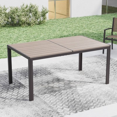 Sonkuki 7 Piece Patio Dining Set with HIPS Material Tabletop, 6 Stack Textilene Armchairs