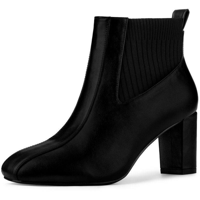 Allegra K Women's Square Toe Block Heels Elastic Chelsea Ankle Boots, 1 of 8