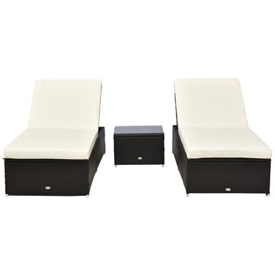 Cream White Cushioned Rattan Outdoor Chaise Lounge Set with Table